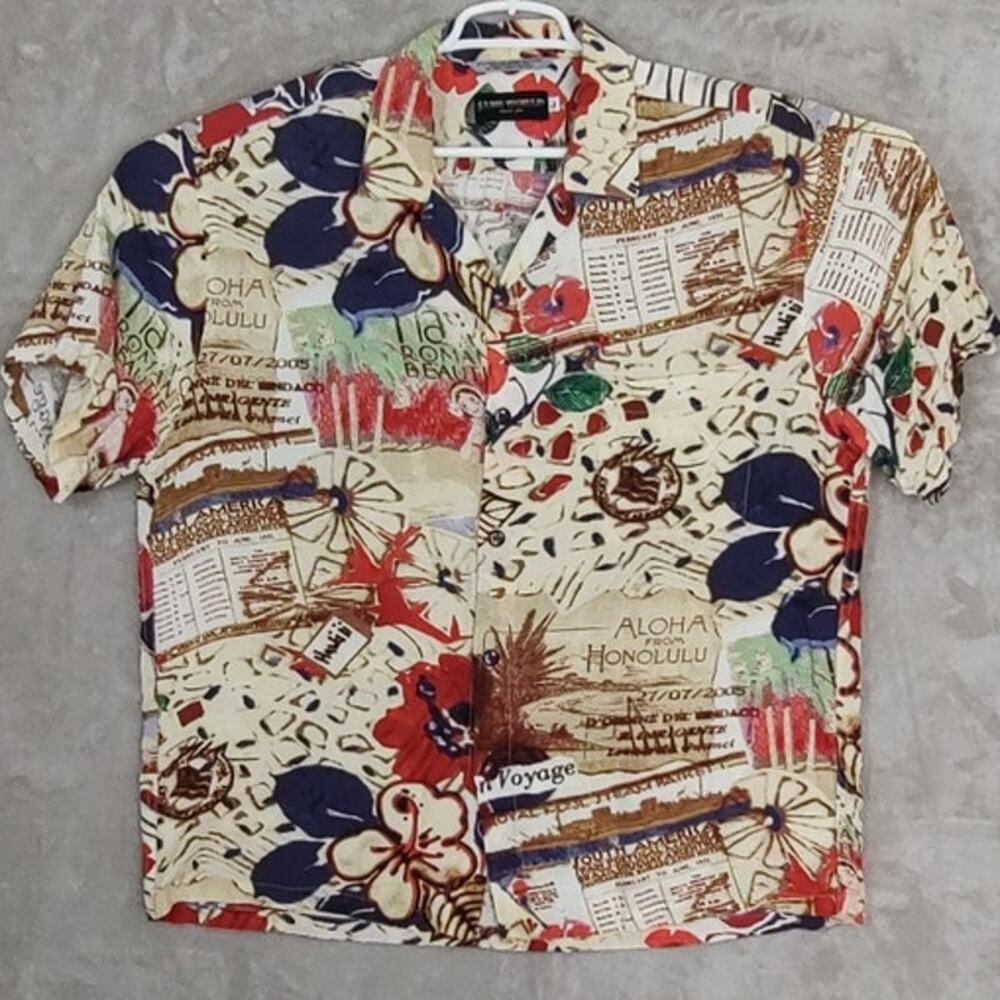 Jams World Vintage Hawaiian Shirt Mens Large Passport Travel Floral Rayon Hawaii